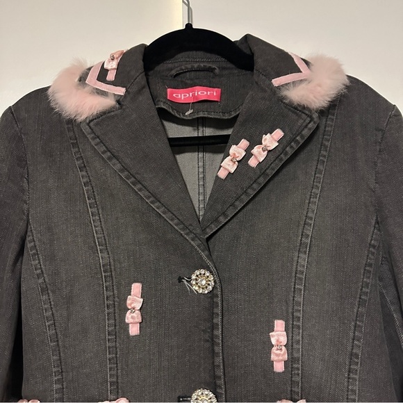 Apriori By Escada Denim fur stim Y2K pink bows Jacket Size 6 - Picture 3 of 7